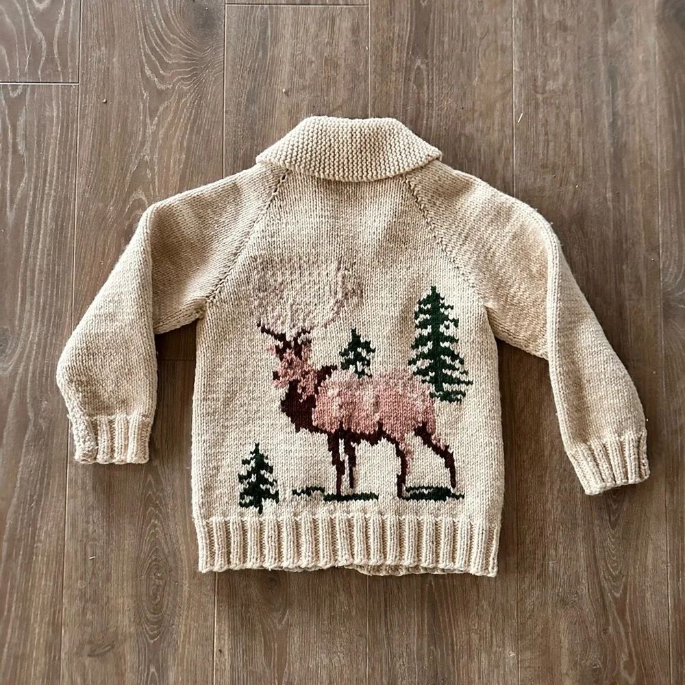 Vintage Hand-Knit Wool Cardigan Sweater – Elk / Lodge Motif - Picture 4 of 8